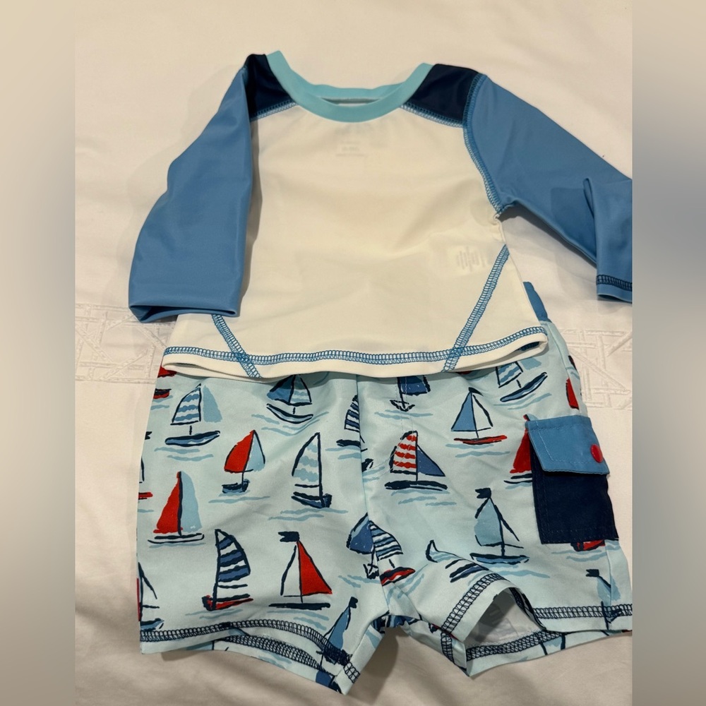 Mud Pie 6-9 Months Boys Sailboat Rash Guard & Trunk Set (WORN ONCE)